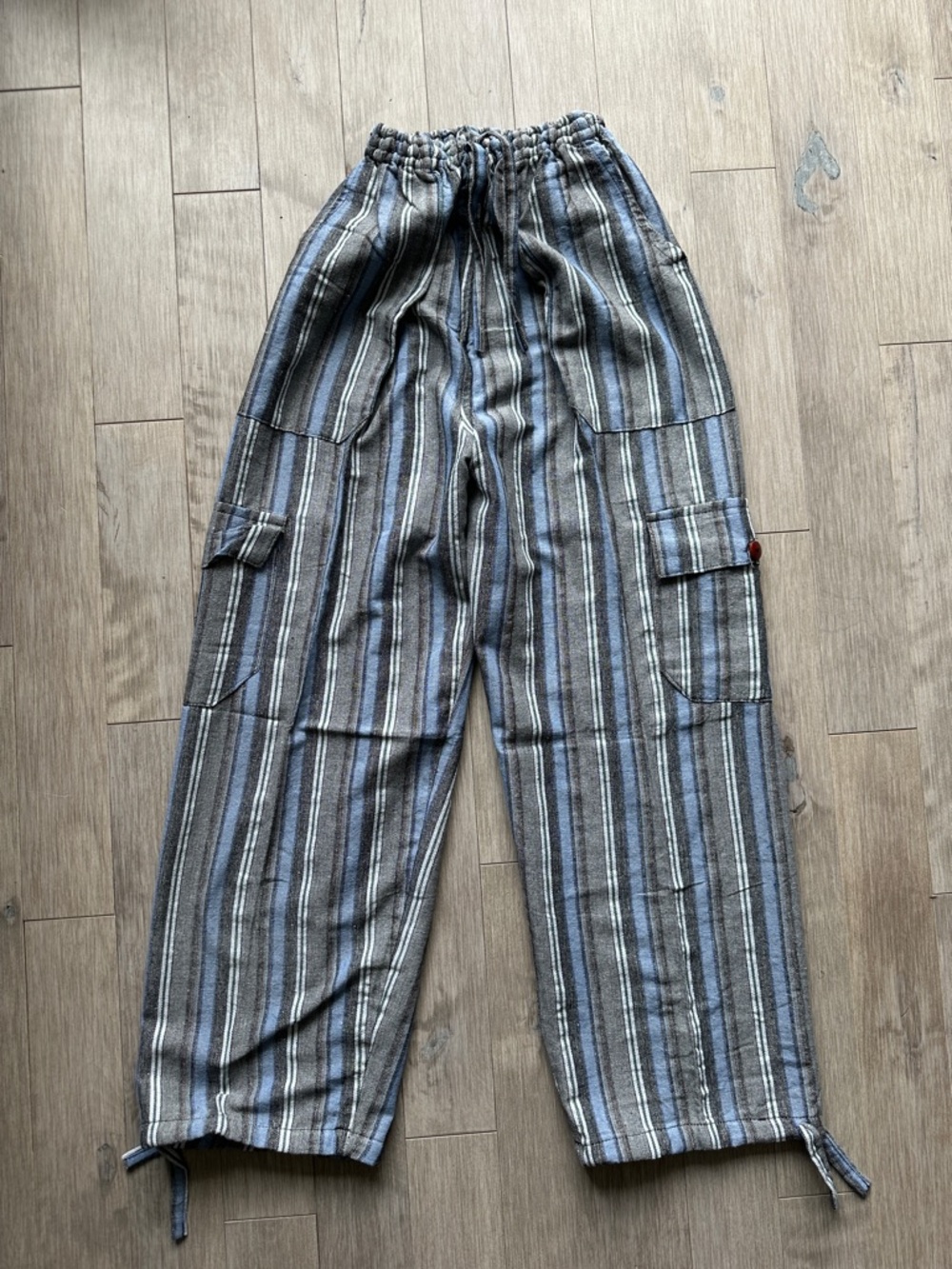 Peru/Ecuador Handmade Cotton Boho Unisex Striped Pants Joggers Blue Gray Medium - Picture 4 of 6